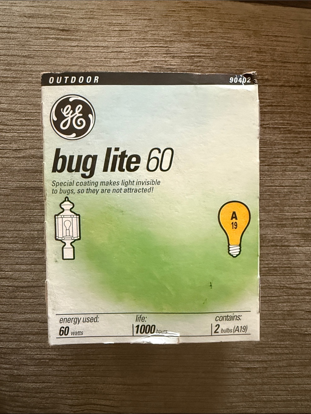 2-pack of GE A19 yellow bug light bulbs for outdoor use. 60 watt